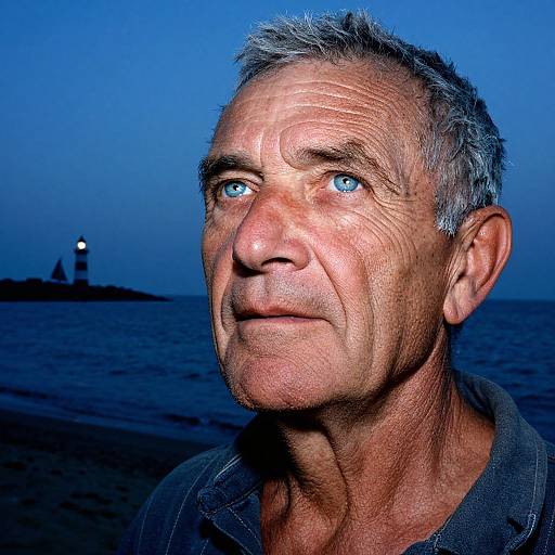 Photograph of an elderly man with weathered skin, grey hair, and piercing blue eyes, standing on a dimly lit beach at dusk, with