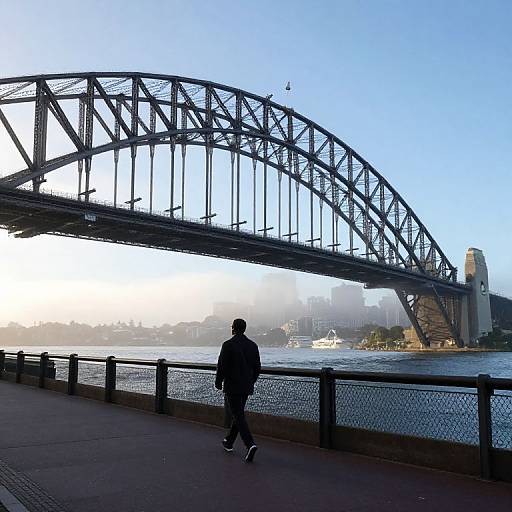 Photograph of a person in dark clothes walking beside Sydney Harbour Bridge, with a misty cityscape and blue sky in the background.