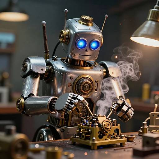 Photorealistic CGI of a shiny, blue-eyed, metallic robot soldering with smoke rising, under a glowing industrial lamp in a workshop.