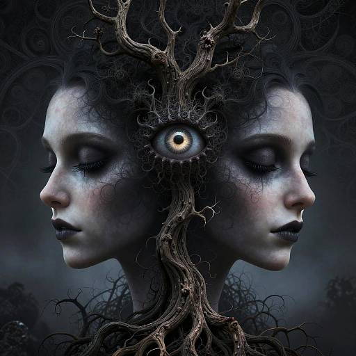 Surreal Double-Faced Gothic Portrait with Tree and Eye