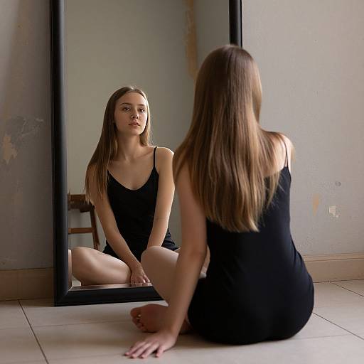 Photograph of a young woman with long brown hair, wearing a black spaghetti-strap dress, sitting on the floor, facing a mirror, reflecting her