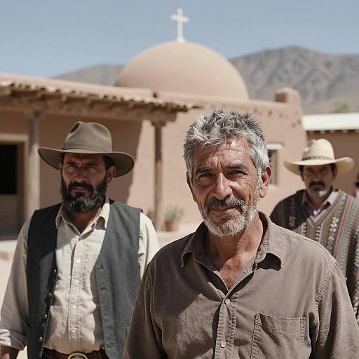 Three Men in Desert Town with Adobe Church