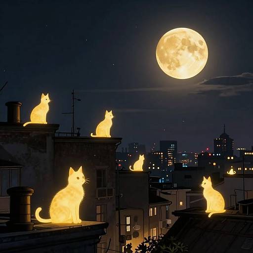 Digital artwork of glowing yellow cats on rooftop silhouettes against a full moonlit night sky, with a city skyline in the background.