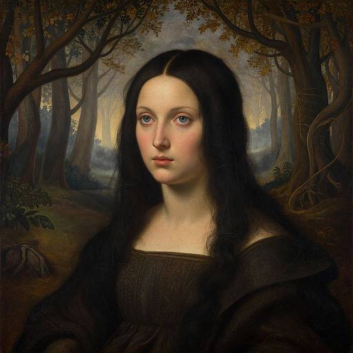 Mona Lisa-style portrait of a pale-skinned woman with long black hair, wearing a dark dress, set in a dark, misty forest.