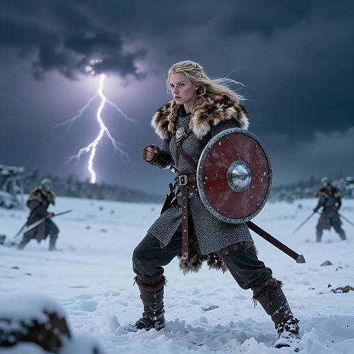 Photorealistic digital art of a fierce blonde Viking warrior in snow, with fur-lined coat, round red shield, and lightning bolt in stormy sky
