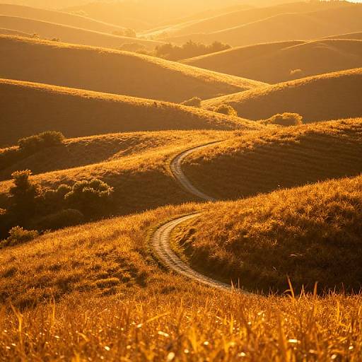 Golden sunset over rolling hills with a winding dirt path through sunlit grass, creating a warm, serene landscape. Photograph.