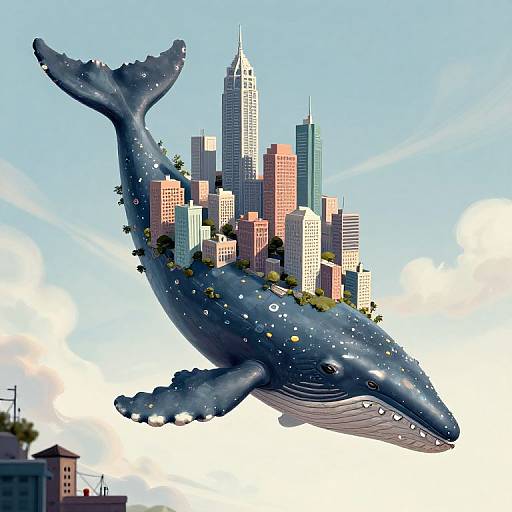 Digital artwork of a massive blue whale with a city of skyscrapers on its back, floating in a clear blue sky.