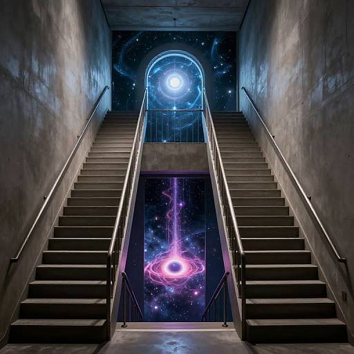 Digital art of a dark, concrete stairwell ascending to a cosmic backdrop with glowing blue and pink nebulae at the top.