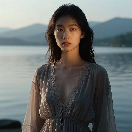 Photograph of an Asian woman with long black hair, wearing a sheer, lace-trimmed, V-neck dress, standing by a tranquil lake with