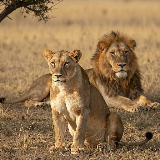 Lions in Sunlit Grassy Field