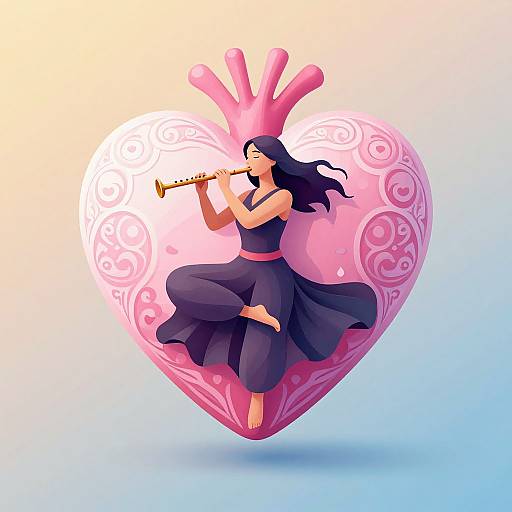Digital illustration of a woman with long black hair, wearing a black sleeveless top and flowing skirt, playing a flute against a pink, heart-shaped background