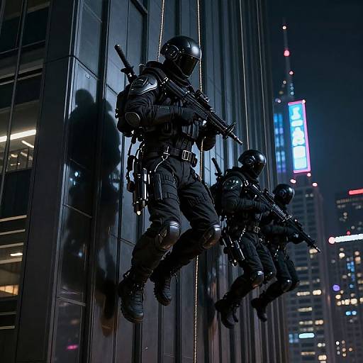 Photograph of two black-clad, helmeted, armed SWAT officers climbing a glass building at night, with neon-lit skyscrapers in the