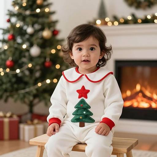 Photograph of a cute toddler with curly dark hair, wearing a white Christmas-themed onesie with red star and tree, sitting on a wooden stool in