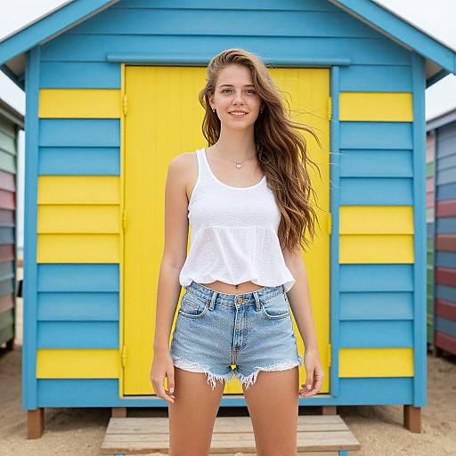 Photograph of a smiling young woman with long brown hair, wearing a white tank top and frayed denim shorts, standing in front of a brightly colored