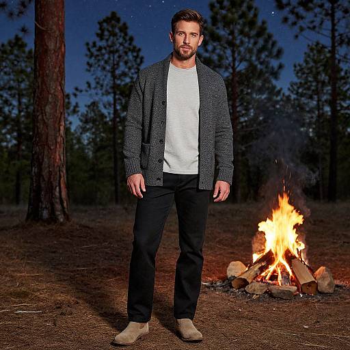 Man by Campfire under Starry Pines