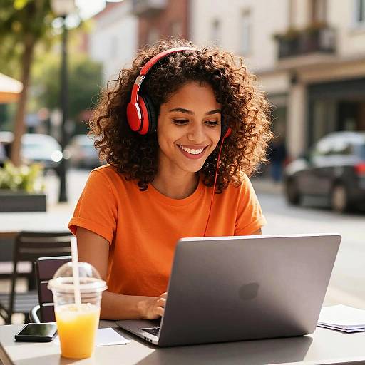 Smiling Woman with Red Headphones