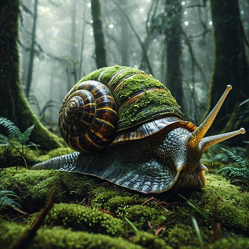 Giant Moss-Covered Snail in Foggy Rainforest