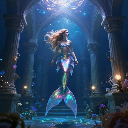 Iridescent Merfolk Bard in Underwater Cathedral