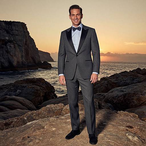 Photograph of a smiling man in a black tuxedo with bow tie, standing on rocky coast at sunset, ocean and cliffs in background.