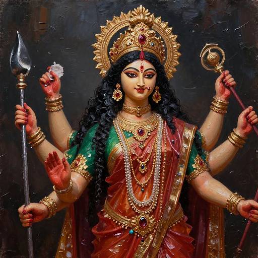 Digital painting of a regal, multi-armed Hindu deity with black hair, gold crown, red sari, and intricate jewelry, holding trident