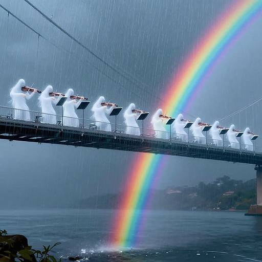 Photograph of a bridge with white-clad figures in raincoats standing in a line, illuminated, under a vibrant rainbow in the rain.