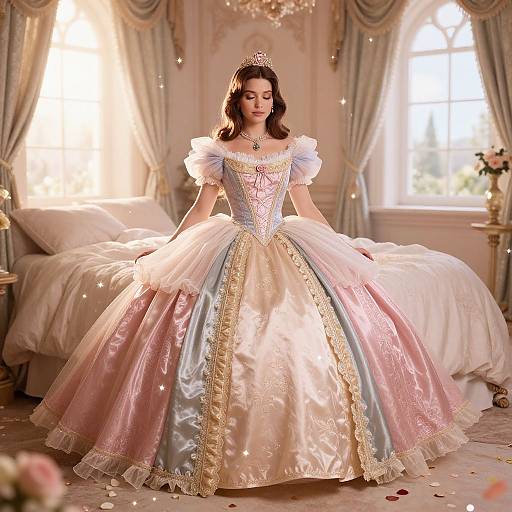 Photograph of a fair-skinned woman with wavy brown hair, wearing a pink and white satin ball gown with gold trim, tiara, standing