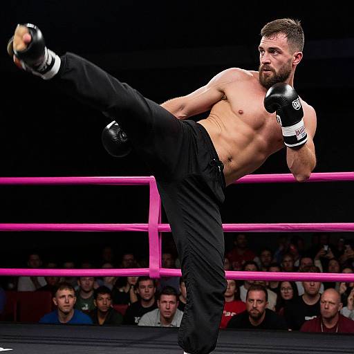 Photograph of a muscular, bearded, shirtless male boxer mid-kick in a bright pink boxing ring, wearing black pants and gloves, with