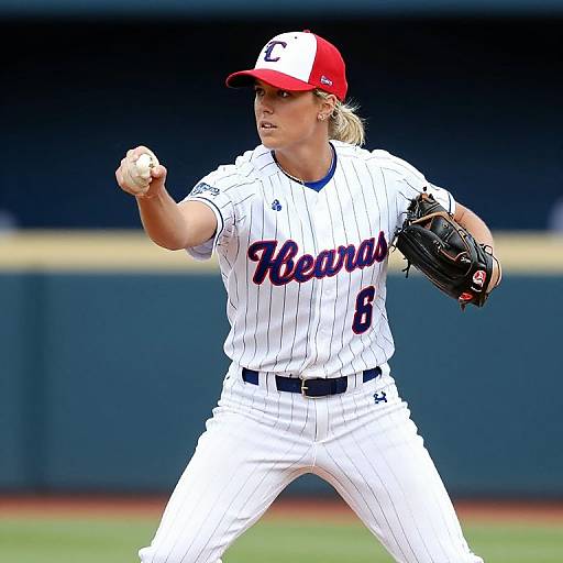 Photograph of a blonde female baseball player in white pinstripes with 