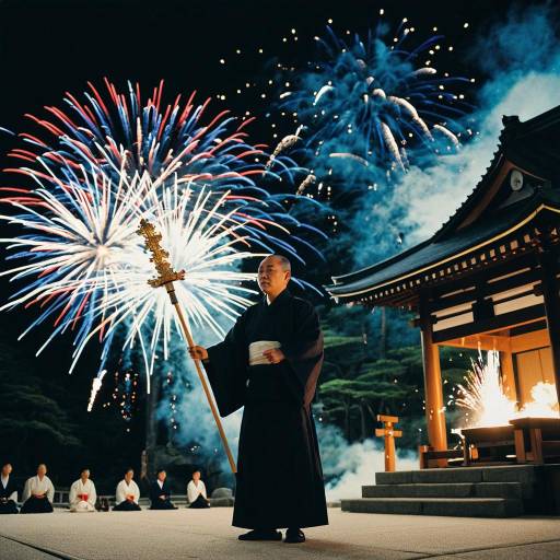 Monk Performing with Sacred Staff at Ise Shrine Fireworks