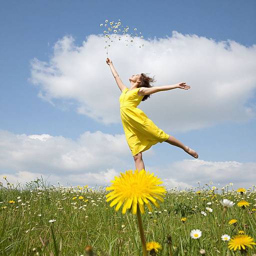Photograph: Joyful woman in yellow dress dancing in sunlit meadow, scattering dandelions, with blue sky and white clouds in background.