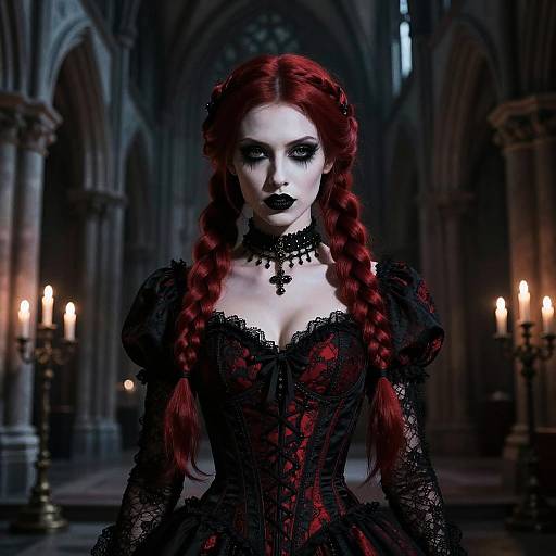Gothic-style photograph of a pale woman with red braided hair, black lace dress, and dark makeup, standing in a dimly lit,