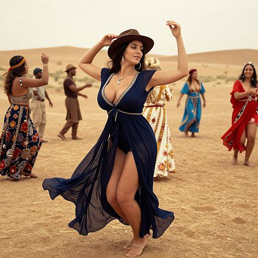 Photograph of a curvy woman in a deep blue, sheer, low-cut dress with a high slit, dancing in a desert, surrounded by diverse