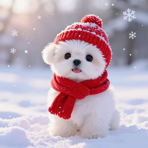 Cute white fluffy puppy wearing a red knit hat and scarf, sitting in snowy landscape with falling snowflakes. Bright sunlight in background. Photoreal