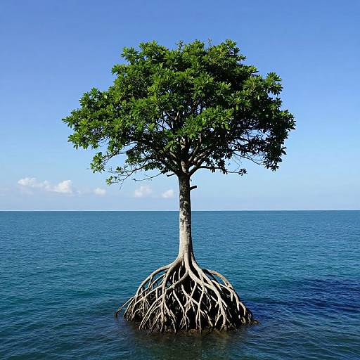 Photograph of a single, green-leaved tree with extensive root system emerging from calm, blue ocean under clear, bright sky.