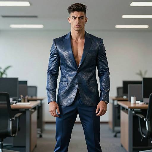 Photograph of a muscular, young man with short dark hair, wearing a navy blue, patterned blazer, unbuttoned to reveal his chest