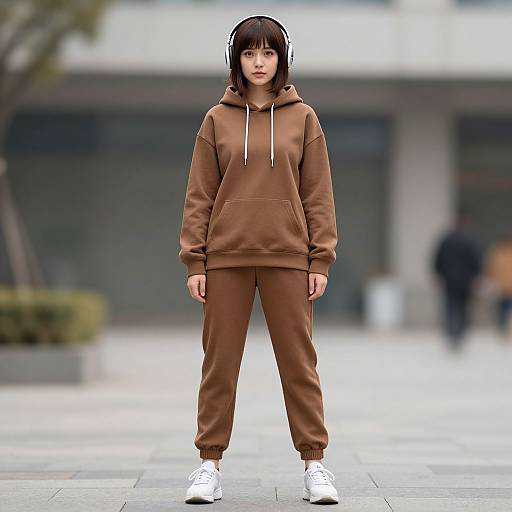 Photograph of a young Asian woman with black hair in a brown hoodie and matching brown pants, white sneakers, standing outdoors in a blurred urban setting.