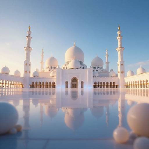 Photograph of a pristine white mosque with multiple domes and minarets, reflected in a glossy, mirror-like surface under a clear blue sky.