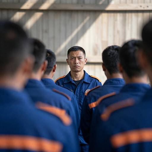 Men in Uniform Facing a Central Figure