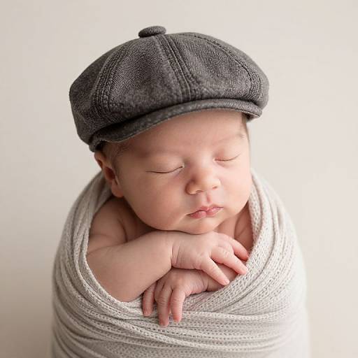 Photograph of sleeping baby with closed eyes, wrapped in white knit blanket, wearing gray flat cap, soft light, white background.