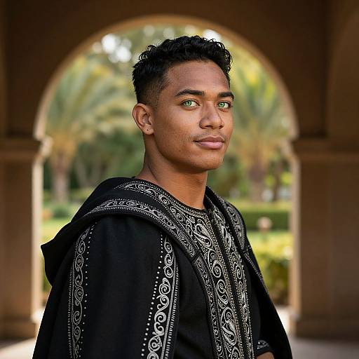Photograph of a young Black man with short curly hair, green eyes, wearing a black embroidered robe, standing in an arched stone doorway with a