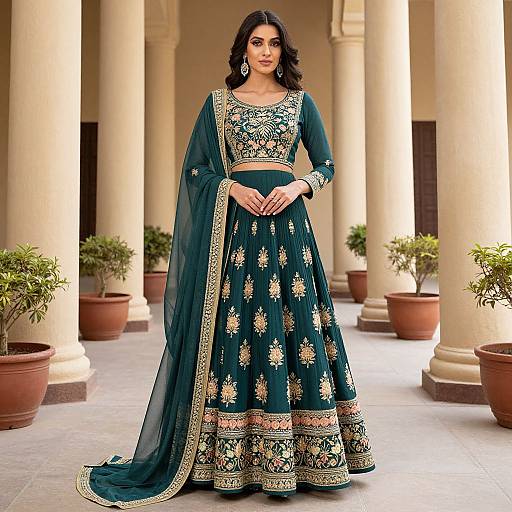 Photograph of a South Asian woman with medium brown skin and dark wavy hair, wearing a teal traditional lehenga with gold embroidery, standing in a