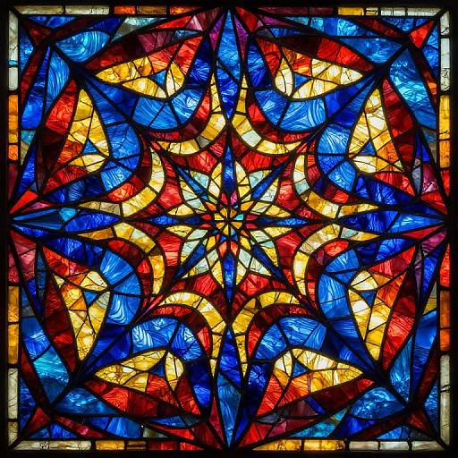 Vibrant stained glass window with intricate starburst pattern, featuring bold red, blue, and yellow colors, set in a black-painted frame.