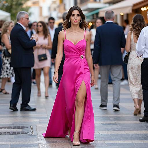 Photograph of a confident woman in a vibrant pink, thigh-high slit evening gown, walking down a bustling city street, surrounded by elegantly dressed people