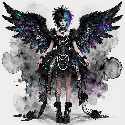 Gothic angel with black feather wings, multicolored purple and blue hair, black lace dress, pearl necklaces, and black boots, surrounded