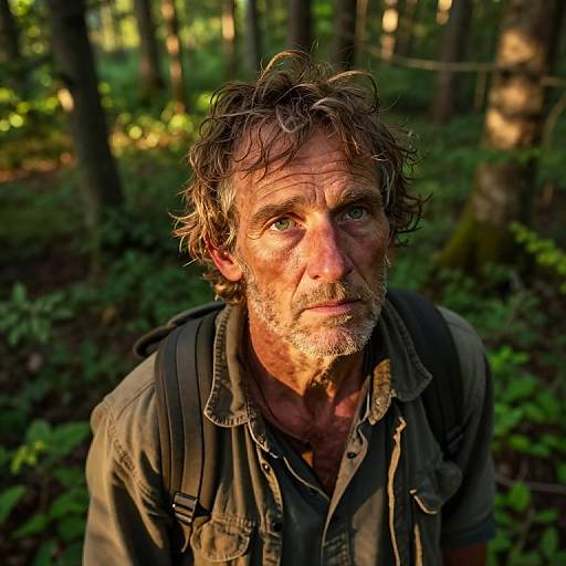 Photograph of a rugged, middle-aged man with messy brown hair and beard, wearing a dark shirt and backpack, in a sunlit forest. His