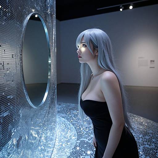 Photorealistic digital artwork: Long, silver-haired woman in black strapless dress gazes at a glowing, oval mirror on a glittering, mosaic