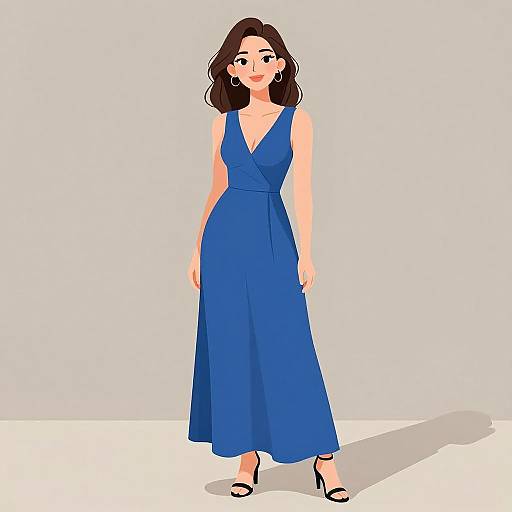 Digital illustration of a woman with fair skin, brown wavy hair, wearing a sleeveless, deep blue, V-neck dress and black sandals, standing