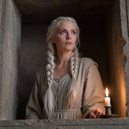 Photograph of a pale-skinned woman with long white braids, wearing a beige medieval dress, gazing forward by a lit candle in a dim