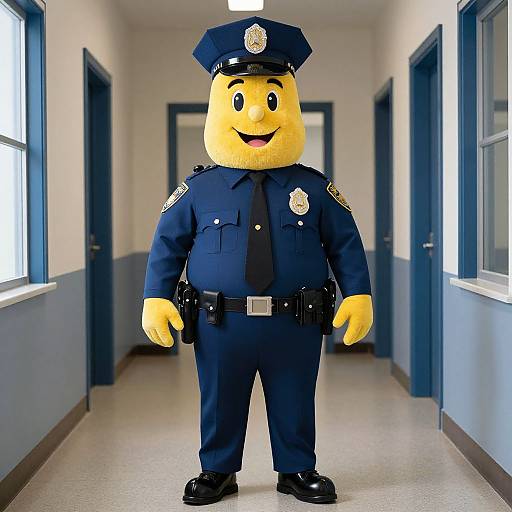 Photograph of a yellow, smiling, anthropomorphic police officer in a blue uniform standing in a bright, blue-walled hallway.