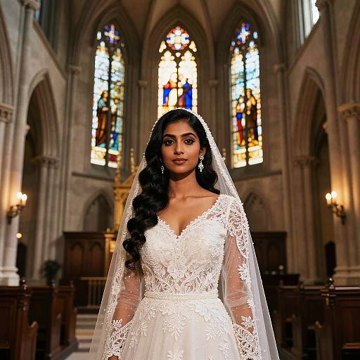 Photograph of a beautiful South Asian bride with long black hair in a white lace wedding dress and veil, standing in a Gothic-style church with colorful stained
